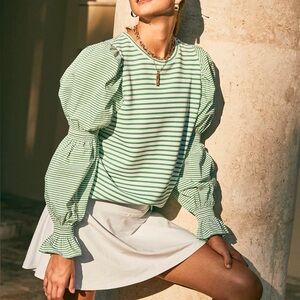 New ADDISON BAY Preppy Green Smocked Puff Sleeve Pullover Sz XS $178